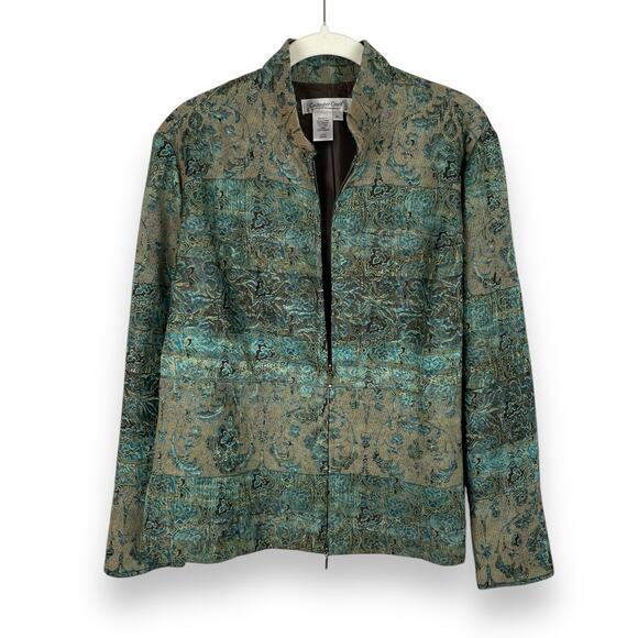 VTG Coldwater Creek Tapestry Jacket LP Green Floral Shimmery Boho Fairy Grunge - Picture 2 of 16